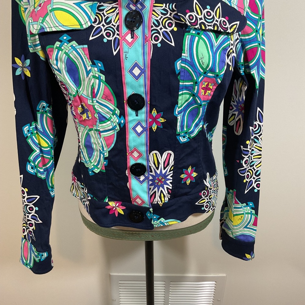 Emilio Pucci Saks Jandel Vintage Navy Psychedelic Floral Jacket Italy Size 12/46 - Picture 3 of 15